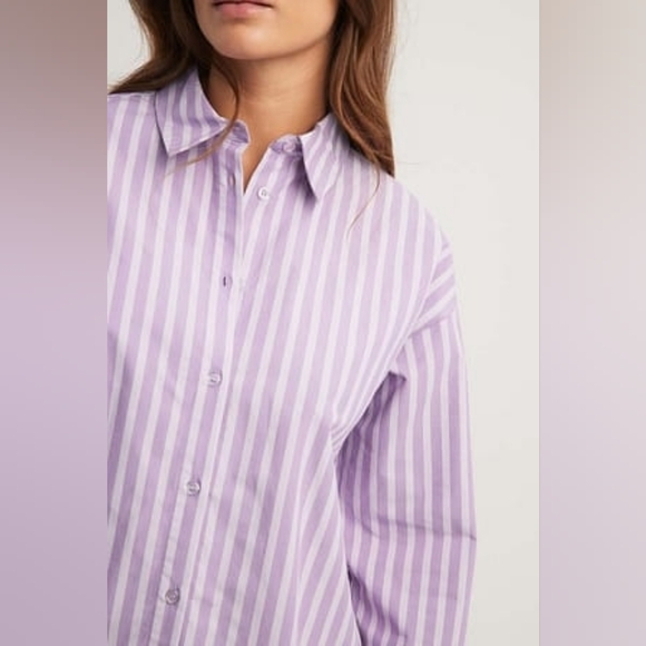 NA-KD Oversized Long Sleeve Cotton Shirt Purple & White - Picture 2 of 8